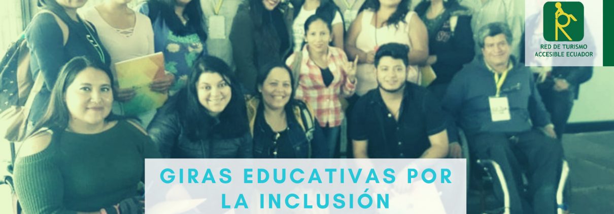 Fotografía de varias personas con discapacidad y estudiantes donde se muestra el título del blog de REDTA-EC®, en la parte inferior la lengua de señas ecuatoriana y un formato braille que hacen a la inclusión social universal.